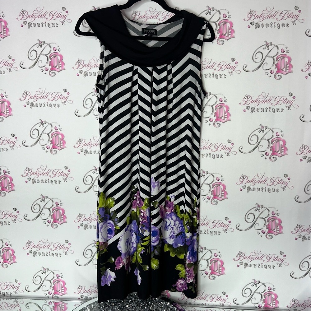 Enfocus Studio Black White stripe floral Sheath Dress Sleeveless Cowl Neck